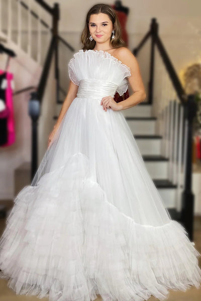 White Tulle Strapless Tiered Long Prom Dresses VK23091002