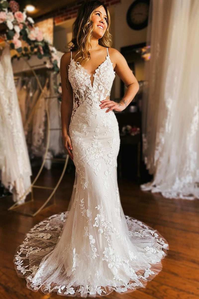 Elegant Mermaid V Neck Lace Wedding Dresses VK24012001