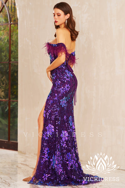 Grape Sequin Lace Off the Shoulder Long Prom Dress with Slit VK23121908