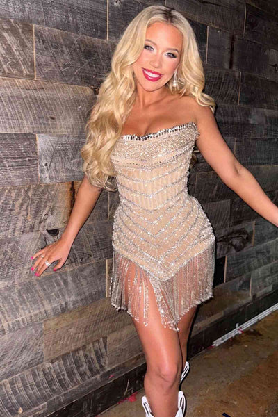 Stunning Strapless Beads Sleeveless Short Homecoming Dress with Tassel VK26070111