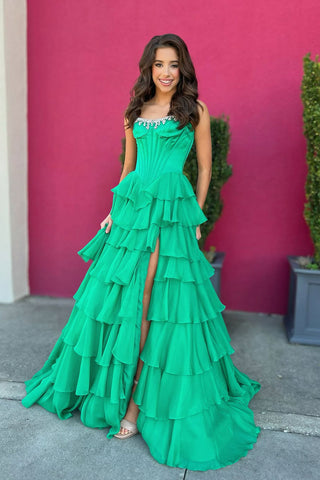 Gorgeous A Line Green Chiffon Tiered Prom Dress with Beading VK15112705