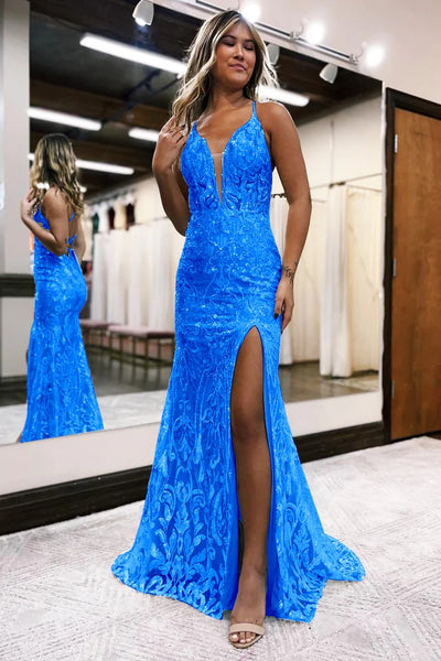 Cute Mermaid V Neck Blue Sequins Slit Prom Dress Party Dresses VK26031502