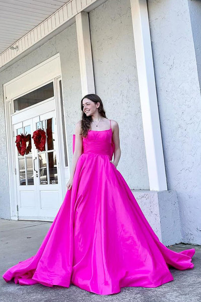 Fuchsia Scoop Neck Satin Bow Back Long Prom Dresses VK24021904