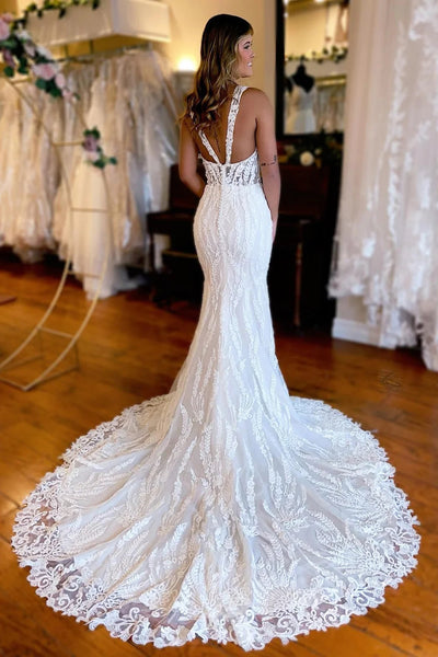 White V-Neck Sheath Long Lace Wedding Dress with Slit VK23101706