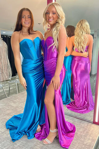 Blue Strapless Satin Mermaid Long Prom Dresses with Slit VK24031305