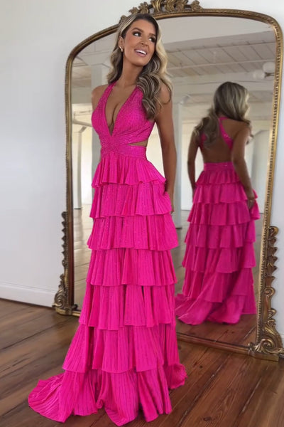 Halter Sparkly Yellow Ruffle Tiered A-Line Long Prom Dress with Slit VK022504