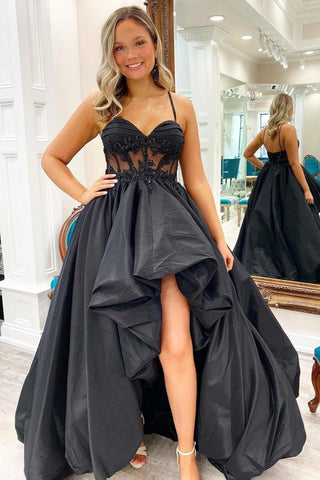 Black Appliques Hi-Low Straps Long Prom Dress VK23103006