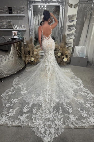 Stunning Mermaid V Neck Lace Wedding Dress with Appliques VK16012913