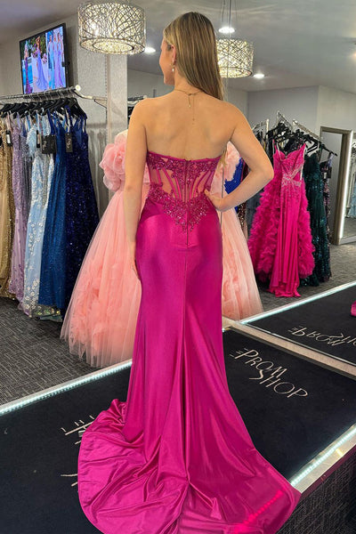 Fuchsia Strapless Satin Mermaid Long Prom Dresses with Slit VK24030901