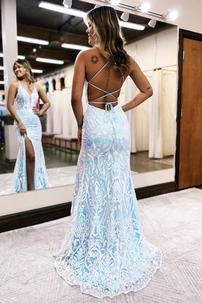 Cute Mermaid V Neck Blue Sequins Slit Prom Dress Party Dresses VK26031502