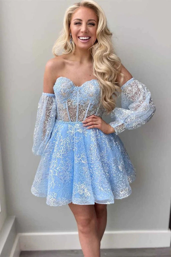 Sparkly Strapless Short Homecoming Dresses with Detachable Sleeves VK23080710