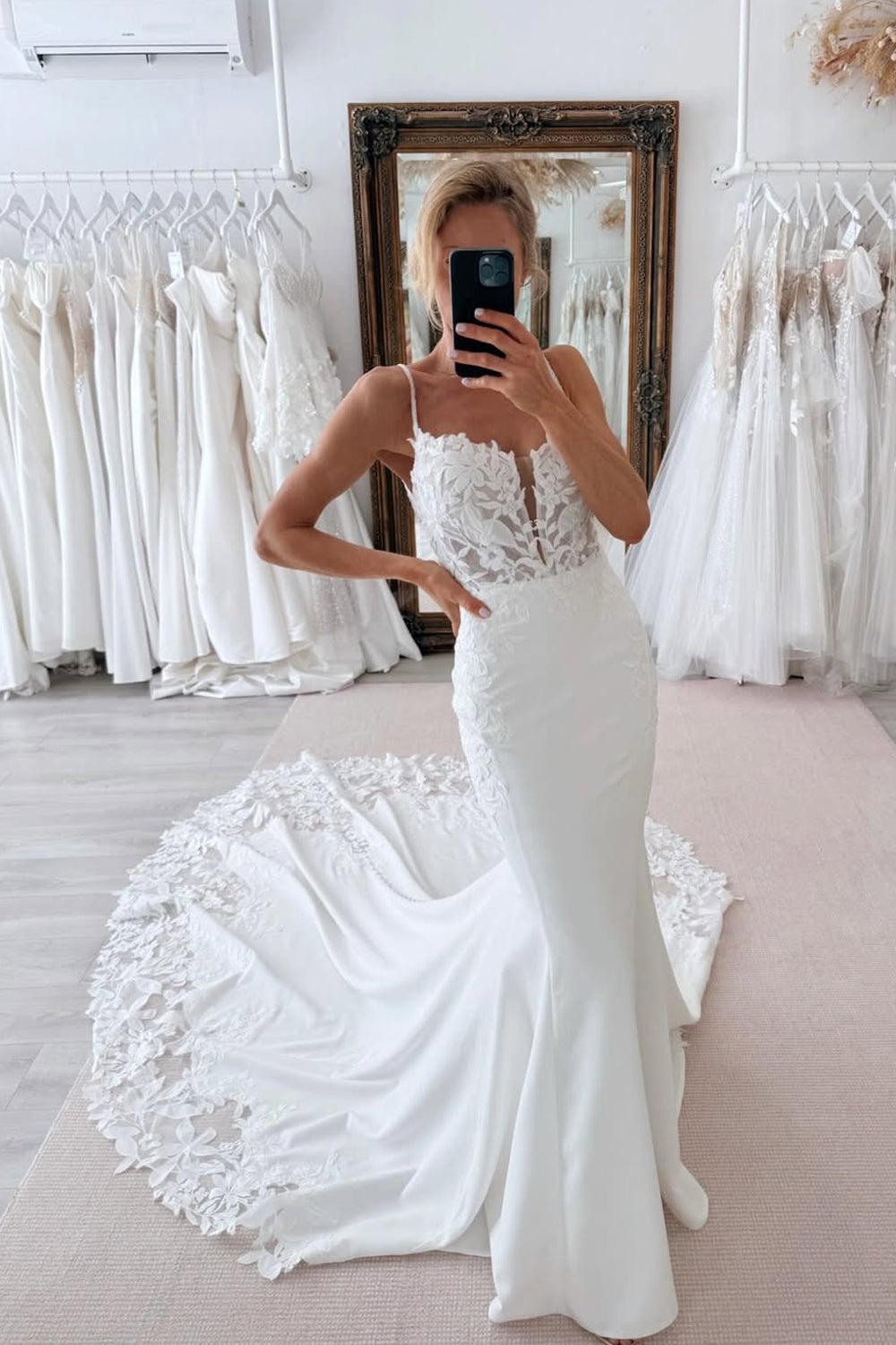 Bohemian Mermaid V Neck Satin Long Wedding Dresses with Appliques VK25050803