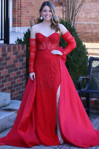 Mermaid Strapless Red Beaded Long Prom Dresses with Bow VK24021701