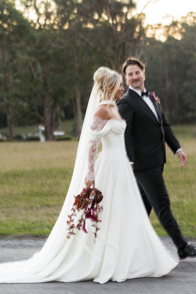 Fairy A Line Off the Shoulder Satin Long Wedding Dress with Slit VK25060904