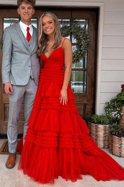 Cute Ball Gown V Neck Red Tulle Long Prom Dresses VK23020102