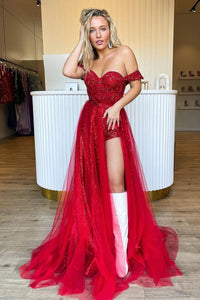 Sparkly Tow Piece Off the Shoulder Red Sequins Long Prom Dresses VK111902