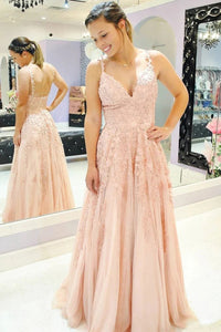 A-Line Pink Lace Prom Dresses Charming Evening Dresses VK0119020