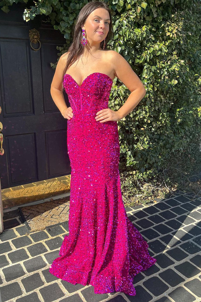 Cute Mermaid Sweetheart Dark Fuchsia Sequins Prom Dresses VK122202