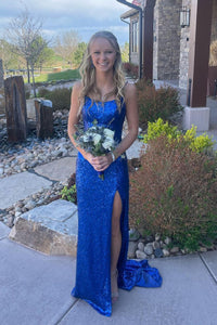 Cute Mermaid Scoop Neck Royal Blue Sequins Long Prom Dresses with Slit VK23050808