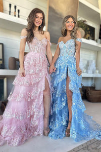 Charming A Line Off the Shoulder Pink Tulle Prom Dresses with Sequins Lace VK23011704