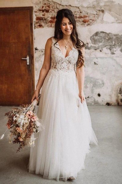 Elegant A-Line V Neck Backless Tulle Wedding Dresses with Appliques Bridal Gowns VK0211002