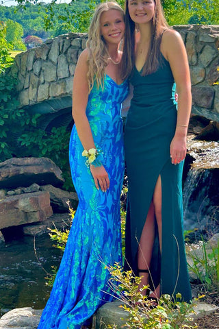 Sparkly Mermaid V Neck Blue Sequins Lace Long Prom Dresses VK23052106