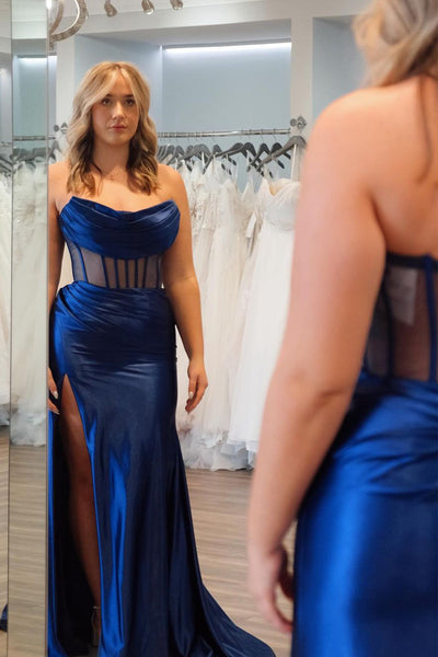 Mermaid Strapless Navy Blue Satin Long Prom Dresses VK24012805