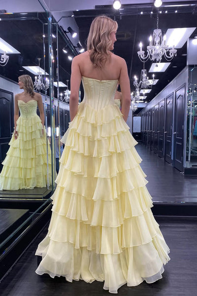 Cute A Line Sweetheart Daffodil Tiered Chiffon Prom Dress with Appliques VK16020306