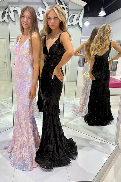 V Neck Pink Sequin Lace Mermaid Long Prom Dress VK23102311