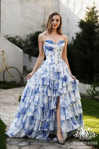 Fairy A Line Sweetheart Floral Printed Chiffon Tiered Prom Dresses with Slit VK24121009