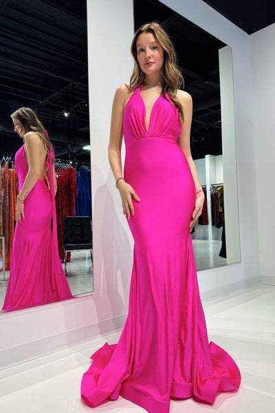 Fuchsia Halter Stin Mermaid Long Prom Dresses VK24032202