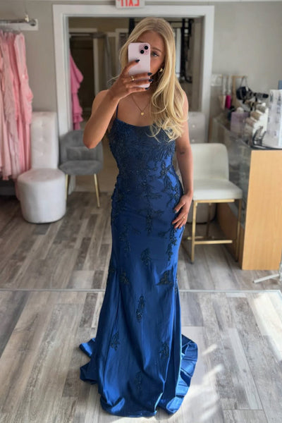 Chic Mermaid Scoop Neck Navy Satin Prom Dress with Appliques VK162413