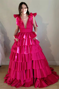 Fuchsia Bow Tie Straps Layers Plunging V Long Prom Dress VK23120903