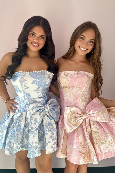 A Line Strapless Light Blue Jacqaurd Satin Homecoming Dress VK26070706