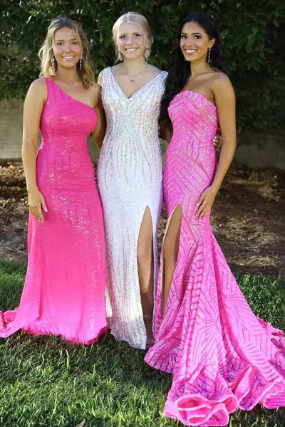Mermaid Strapless Pink Sequins Long Prom Dress with Slit VK26030801