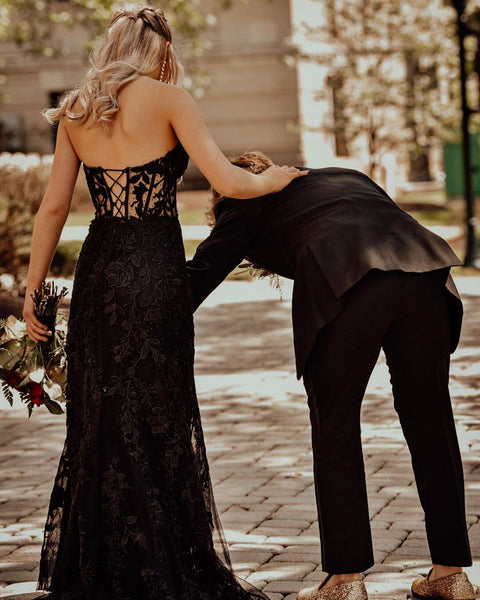 Cute Mermaid Sweetheart Black Lace Long Prom Dresses with Slit VK23050803
