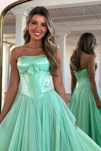 A Line Strapless Light Blue Chiffon Long Prom Dress with Slit VK22804