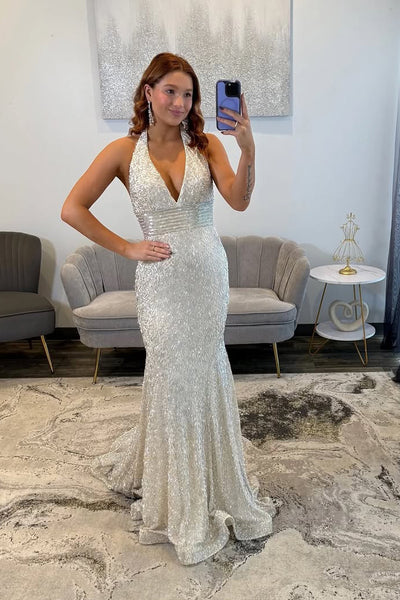 Sparkly Mermaid Halter Silver Sequins Long Prom Dresses VK26030204