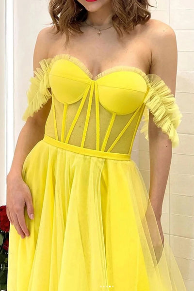 A Line Off the Shoulder Yellow Corset Prom Dress VK23110101