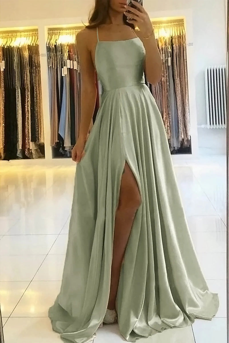 A Line Scoop Neck Sage Green Satin Prom Dress with Pockets VK22020707
