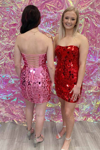 Bodycon Strapless Pink Mini Party Dresses with Beading