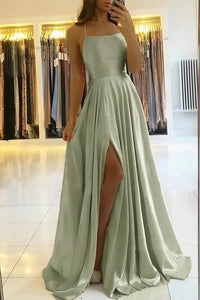 A Line Scoop Neck Sage Green Satin Prom Dress with Pockets for 2022 VK22020707