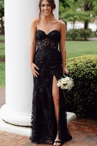 Cute Mermaid Sweetheart Black Lace Long Prom Dresses with Appliques VK23050406