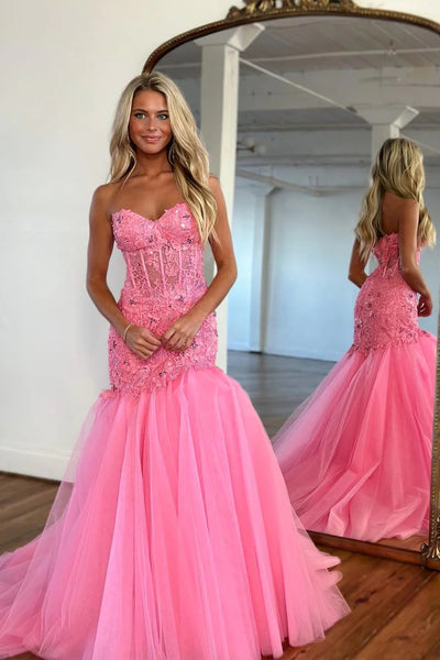 Charming Mermaid Sweetheart Hot Pink Long Prom Dresses with Lace VK23012003