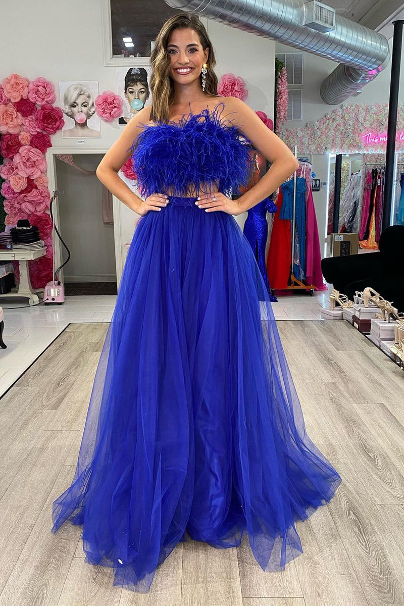 Cute Ball Gown Strapless Royal Blue Tulle Long Prom Dresses with Feather VK23050707