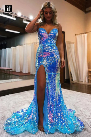 Sparkly Mermaid Sweetheart Blue Sequins Long Prom Dresses with Slit VK23012303