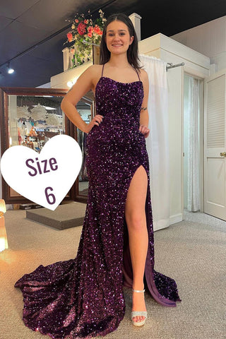 Cute Mermaid Scoop Neck Purple Sequins Prom Dresses with Slit VK123104