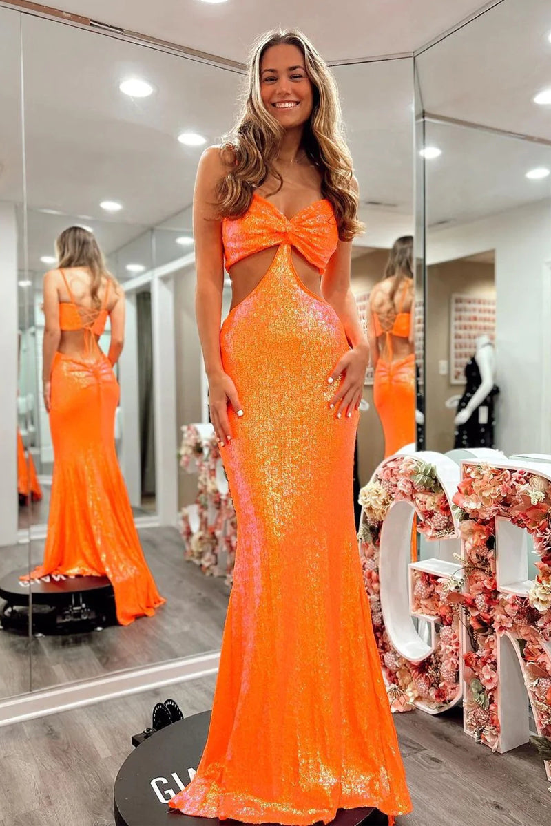 Sparkly V Neck Mermaid Orange Sequins Prom Dresses VK23010903