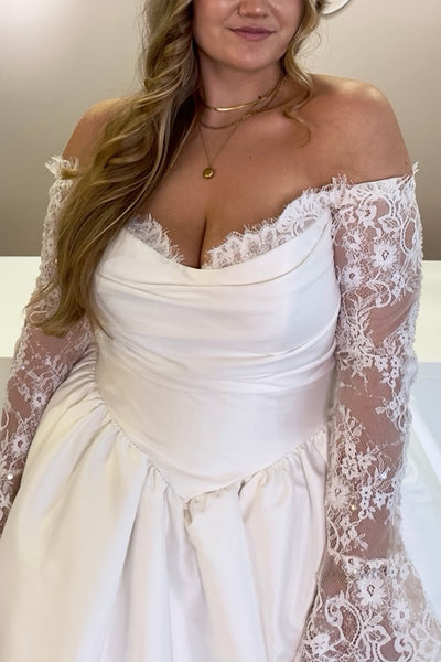 A-Line Off the Shoulder Long Sleeves Lace Satin Plus Size Wedding Dresses VK26103007