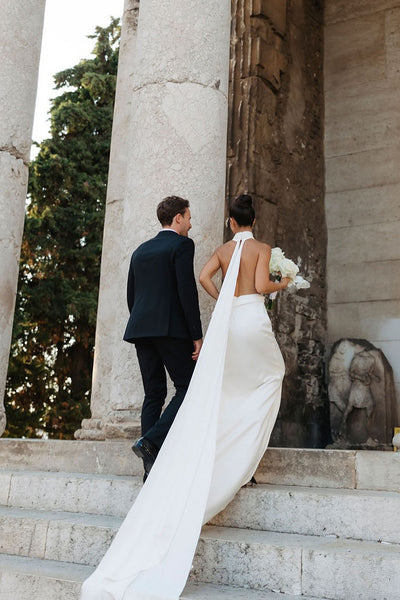 Charming Mermaid V Neck Halter Neck Satin Wedding Dress VK25060905